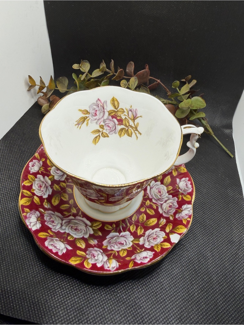 Royal Albert Balmoral Rose Cup & Saucer Vintage Bone China with chip